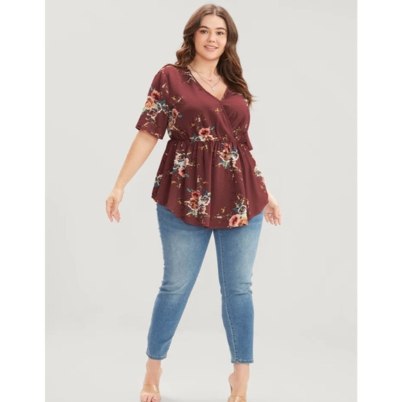 Bloomchic Burgundy Floral Print Wrap Ruffles Asymmetrical Hem Blouse 12 NWT - Picture 3 of 4